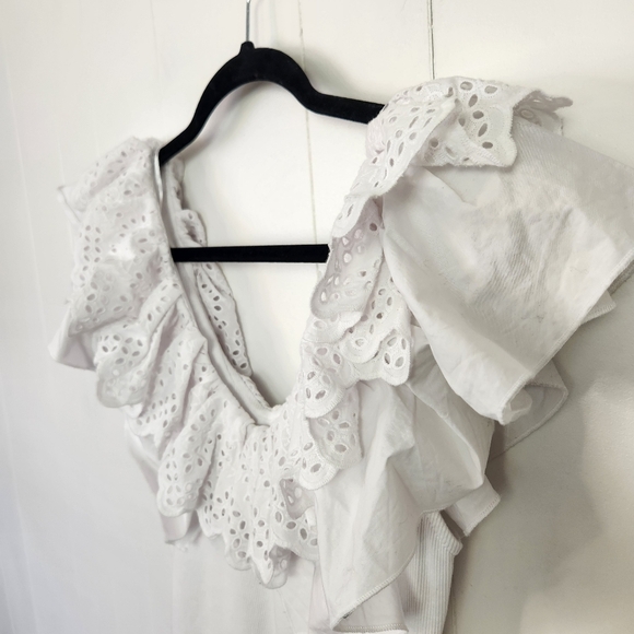 Zara White Eyelet Lace Ruffle Ribbed Mini Dress New Bodycon Size Medium Coquette - Picture 11 of 15